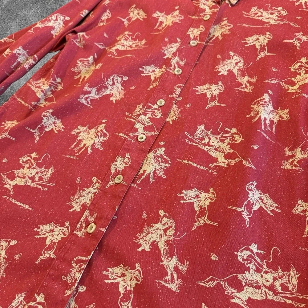 VNTG Barn Fly Western Shirt Medium Red Cowboy Rodeo Print Button Up 100%‎ Cotton